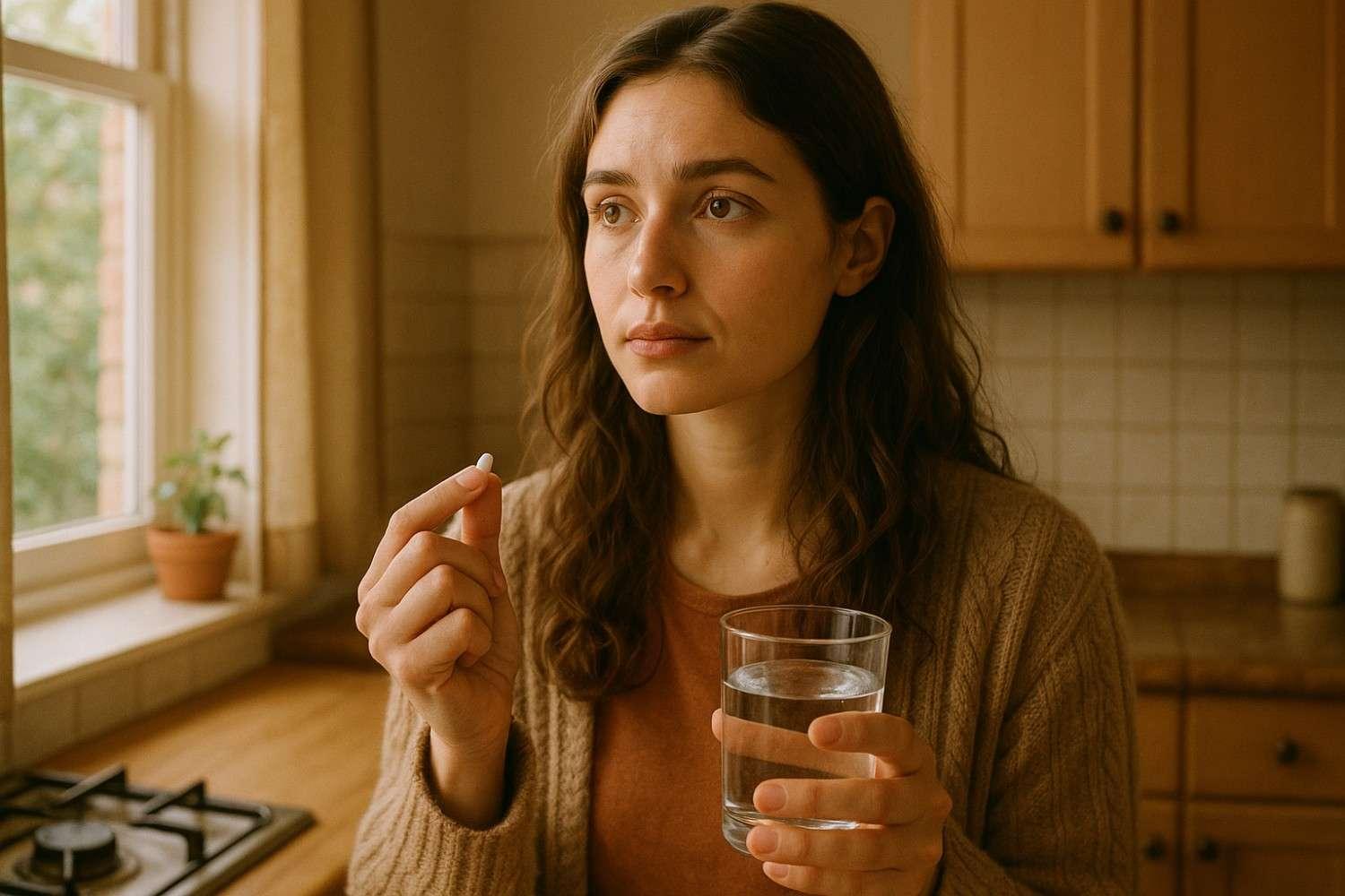 A woman in a kitchen holding a pill and glass of water, appearing thoughtful about taking medication.