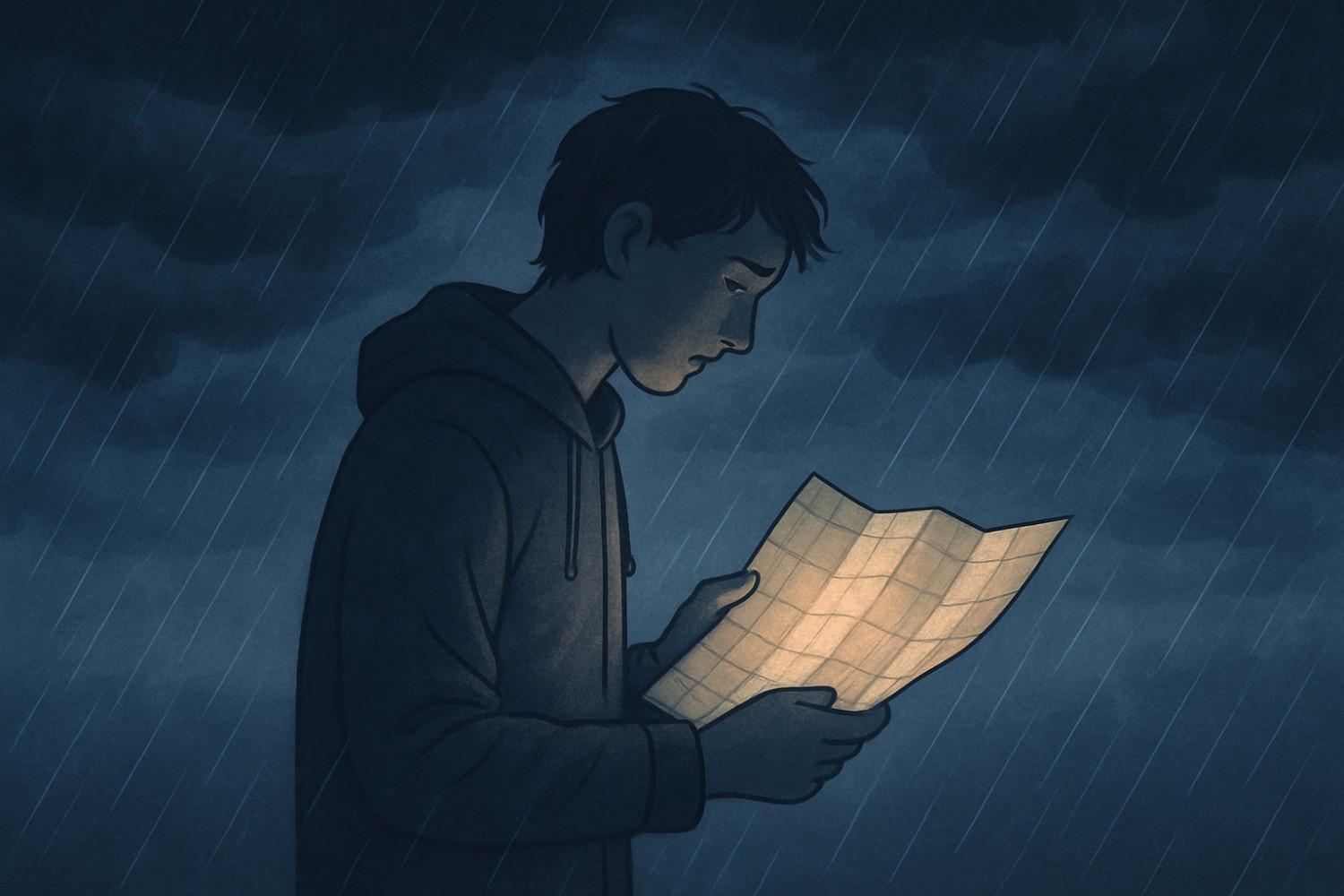 Person standing in the rain holding a glowing map, symbolizing clarity and self-awareness while facing antisocial personality disorder.