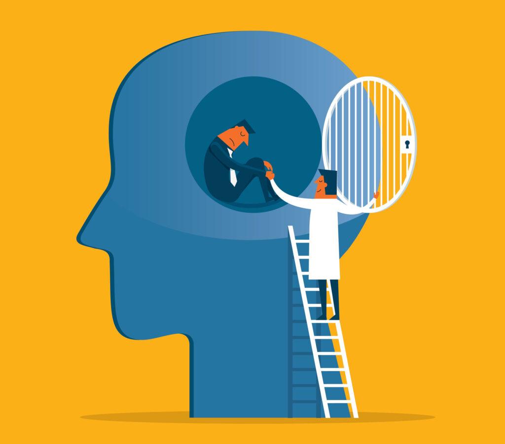 Illustration of a doctor helping a person trapped inside a head, symbolizing the mental and physical impact of drug overdose symptoms in Spokane, Spokane Valley, and Washington State.