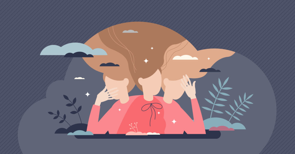 Illustration of a woman with multiple faces symbolic of emotional shifts in bpd vs bipolar disorder, Spokane Valley WA