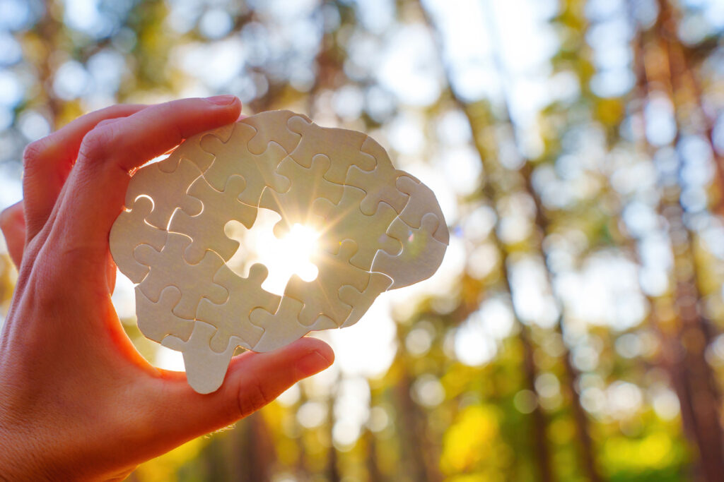 Hand holding a puzzle piece shaped like a brain in sunlight, symbolizing mental health awareness in Spokane WA