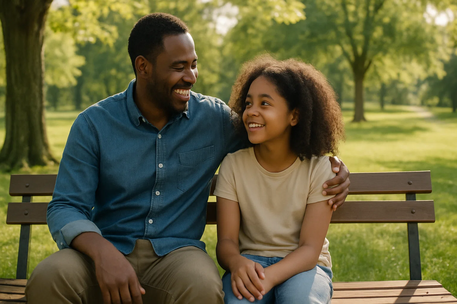 a father and daughter seated together on a bench, smiling