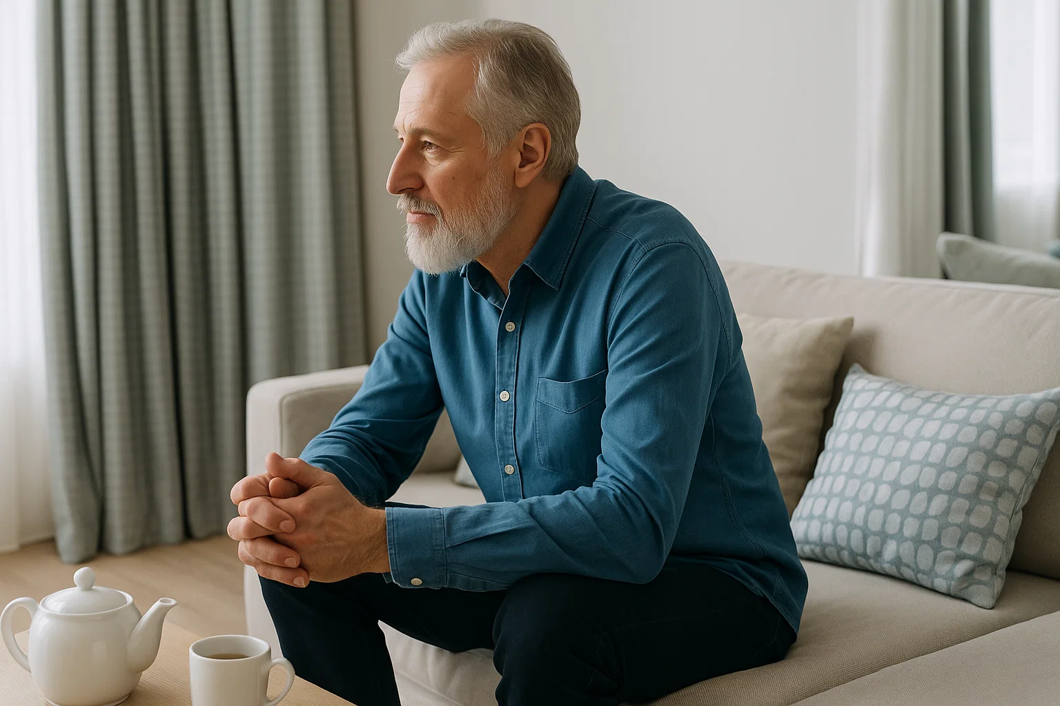older man relaxing on a couch, staring off into the distance