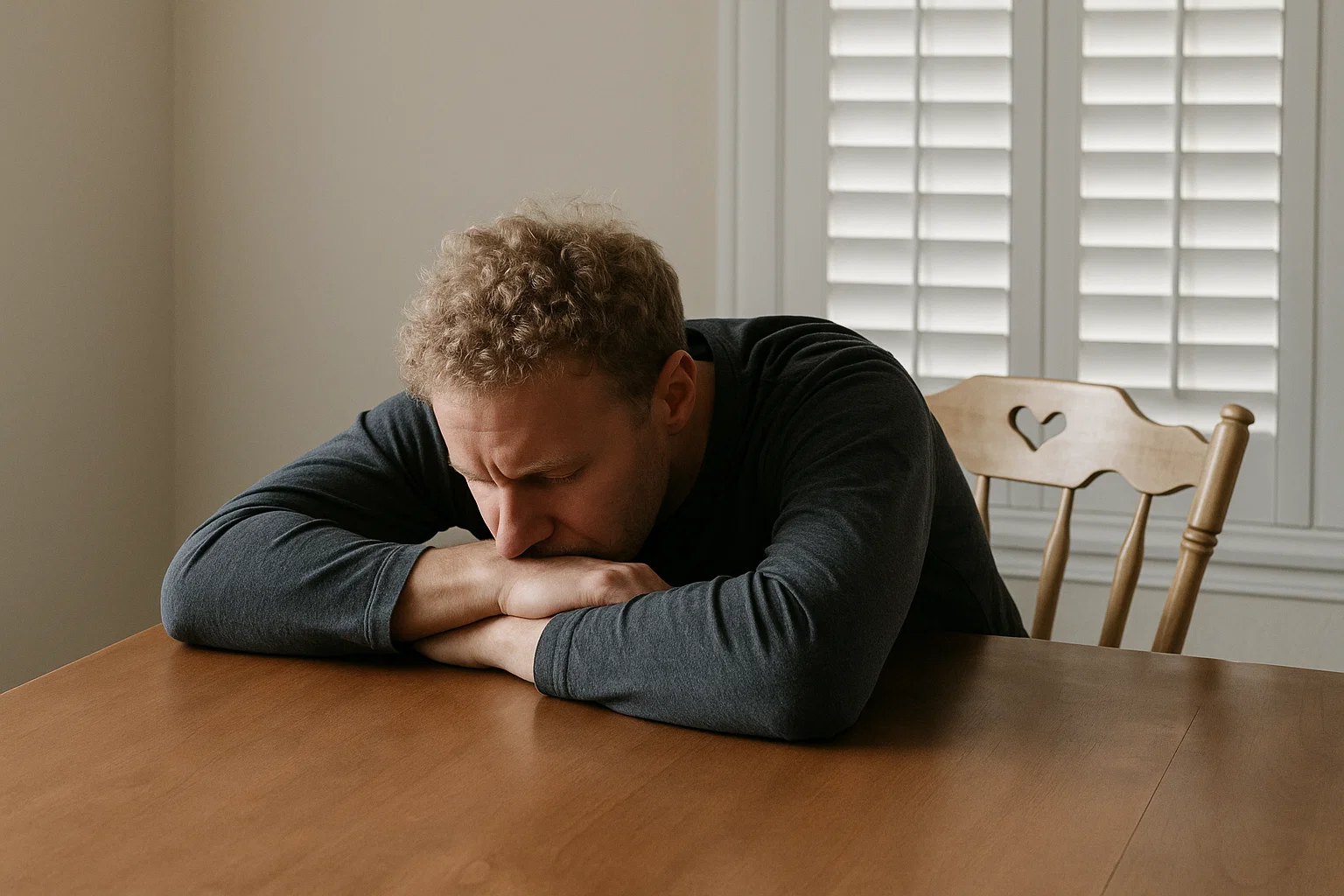 man resting head on hands at kitchen table in deep in thought