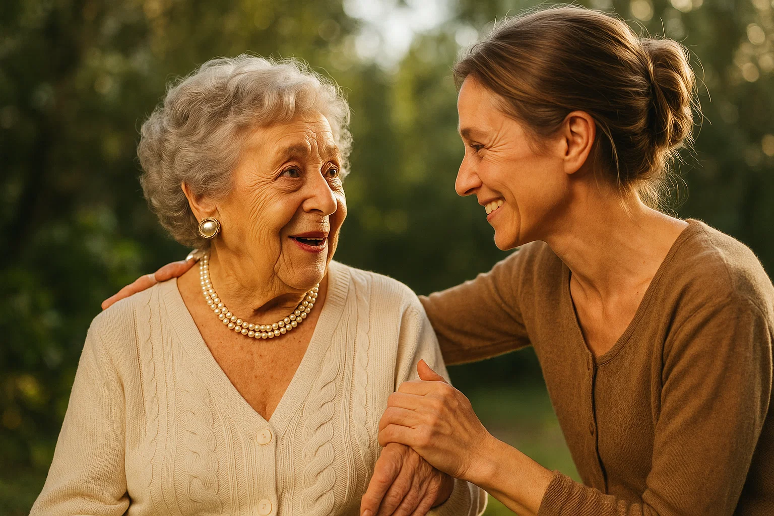 woman comforting elderly person while having a supportive conversation