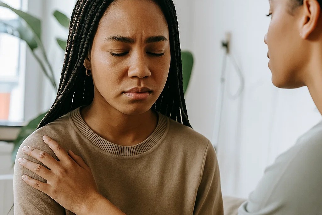 two women supportively guide exposure therapy to help face fears and ease anxiety