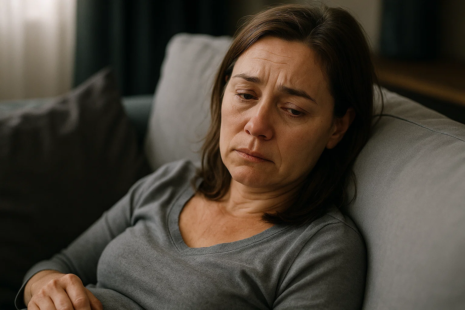 woman sitting alone on couch, showing signs of emotional distress