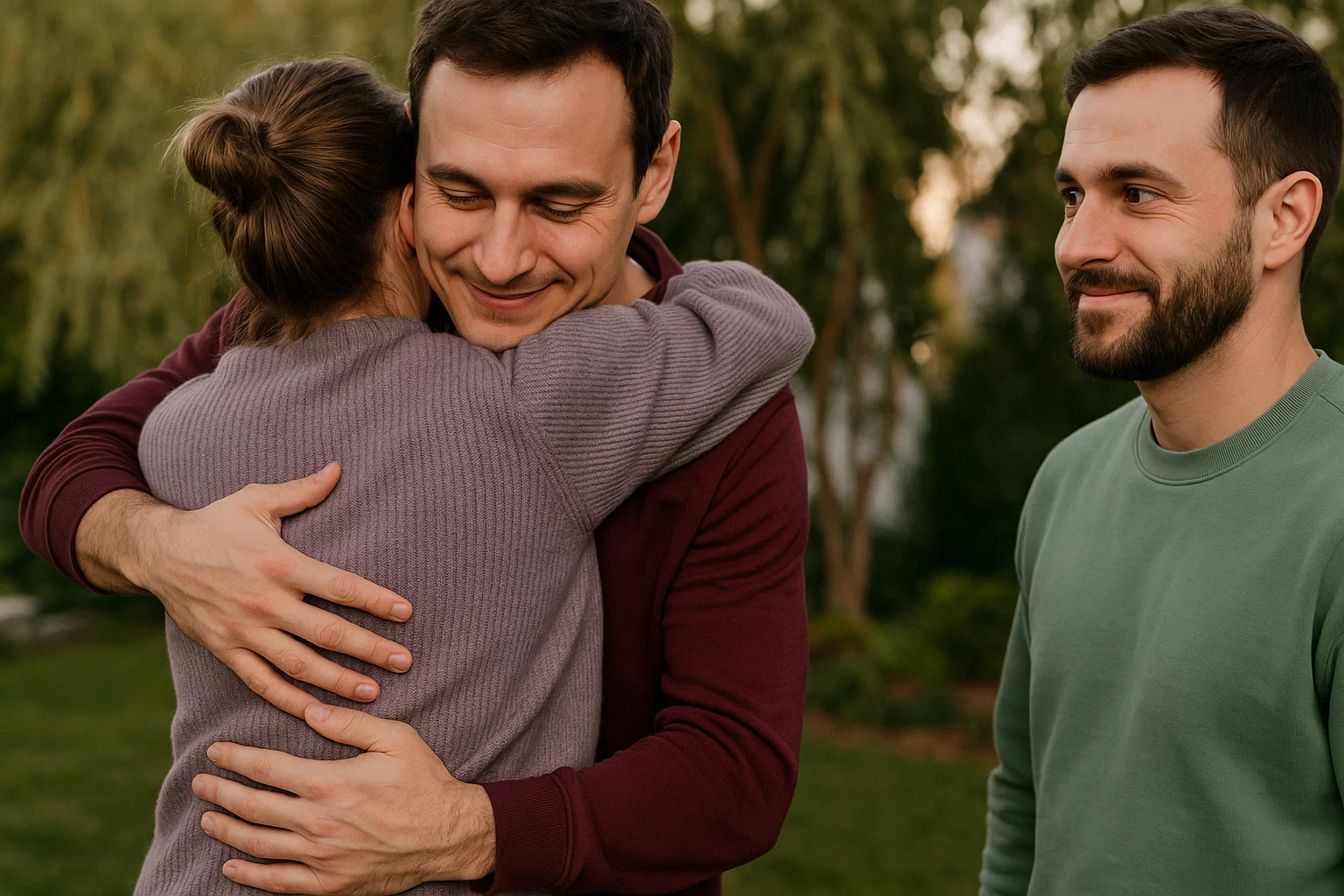 outdoor scene with two people hugging warmly
