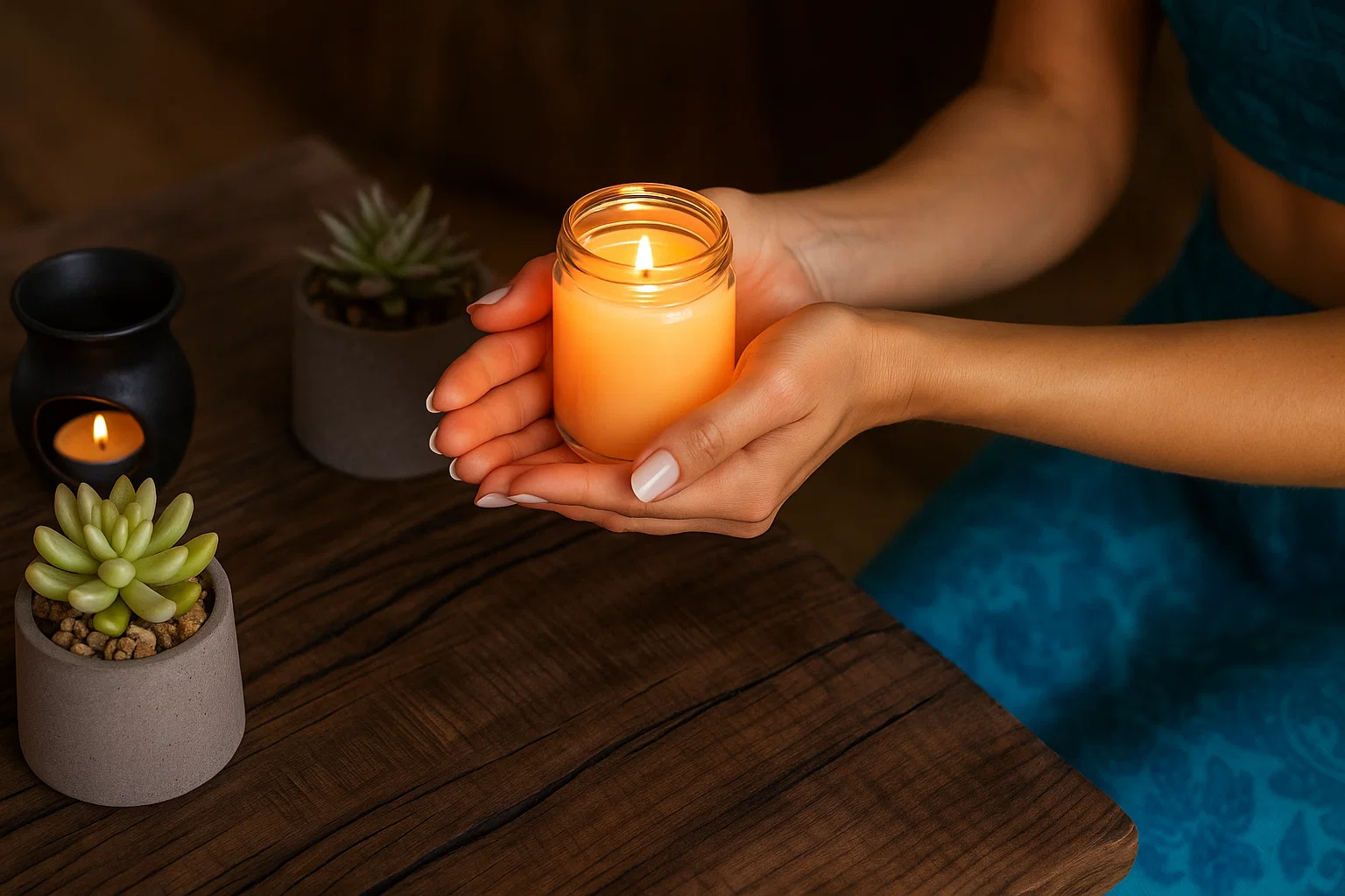 woman with lit candle, ready for relaxing aromatherapy and mood enhancement