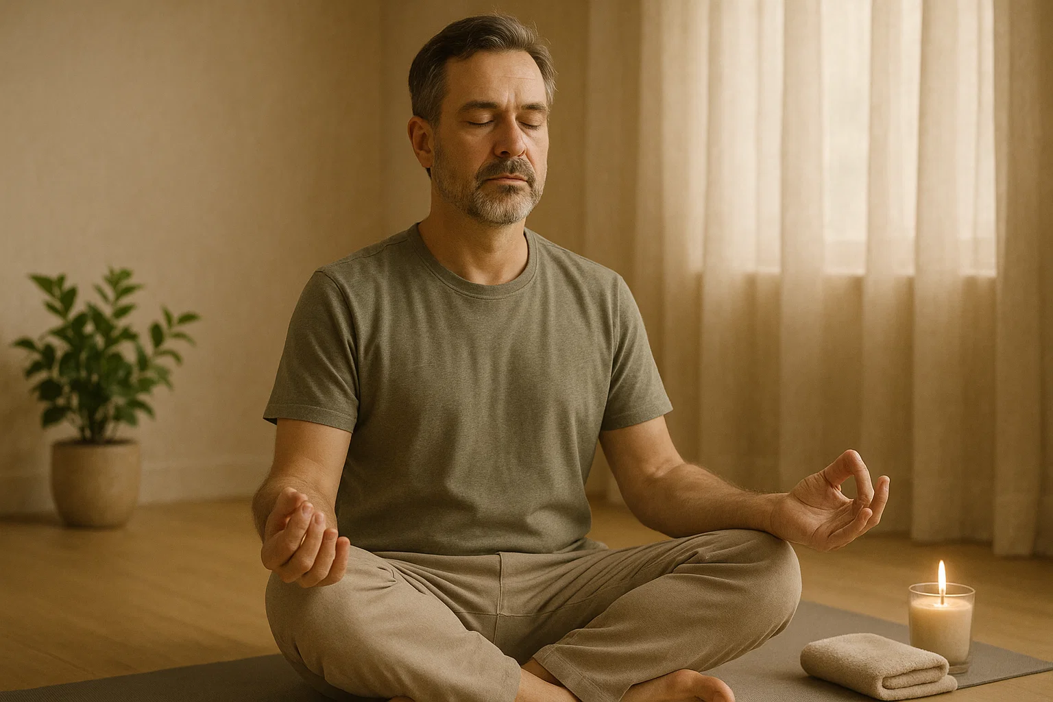 middle-aged man practicing stress management and relaxation techniques