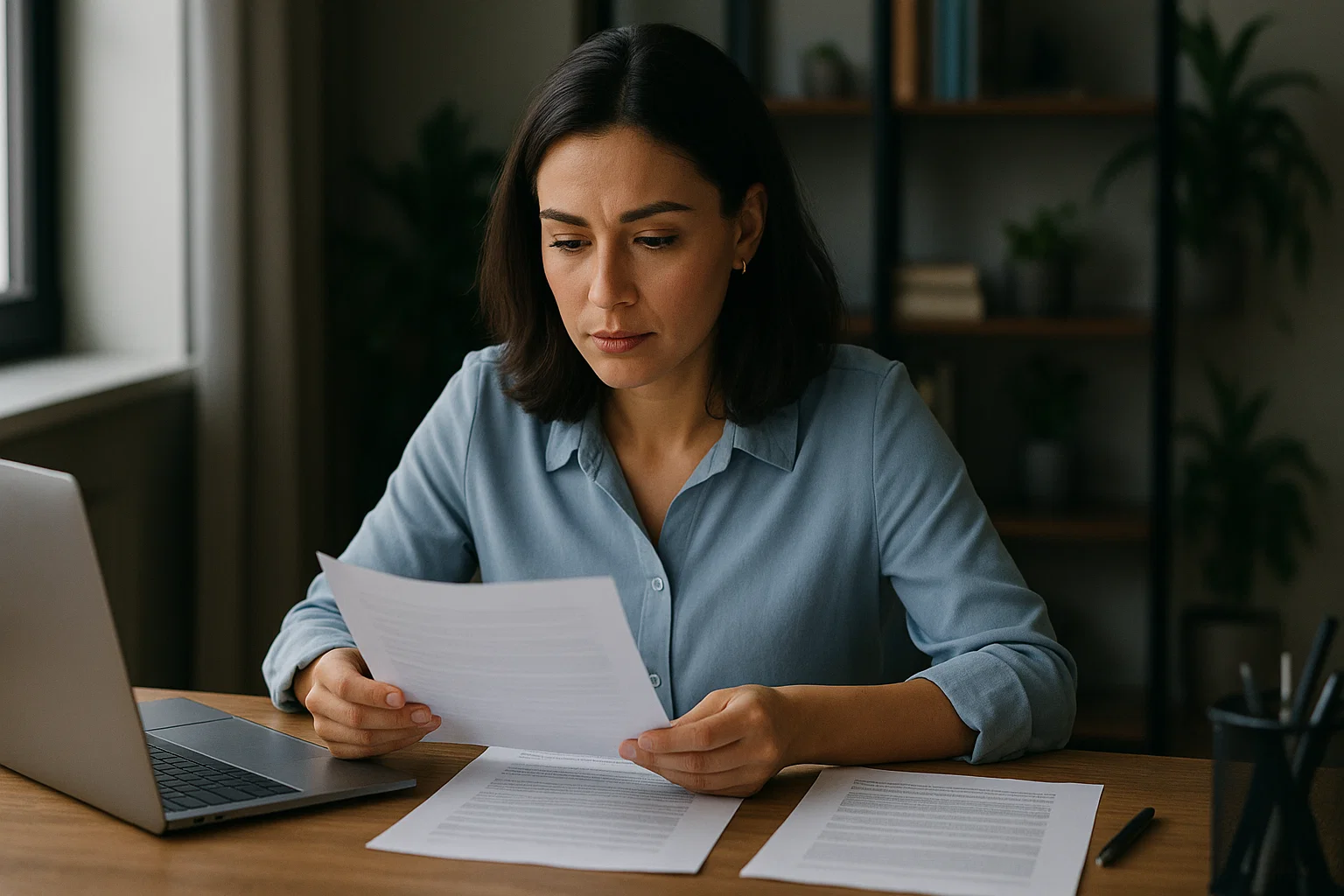 woman focused at desk in office, examining multiple documents spread across the workspace