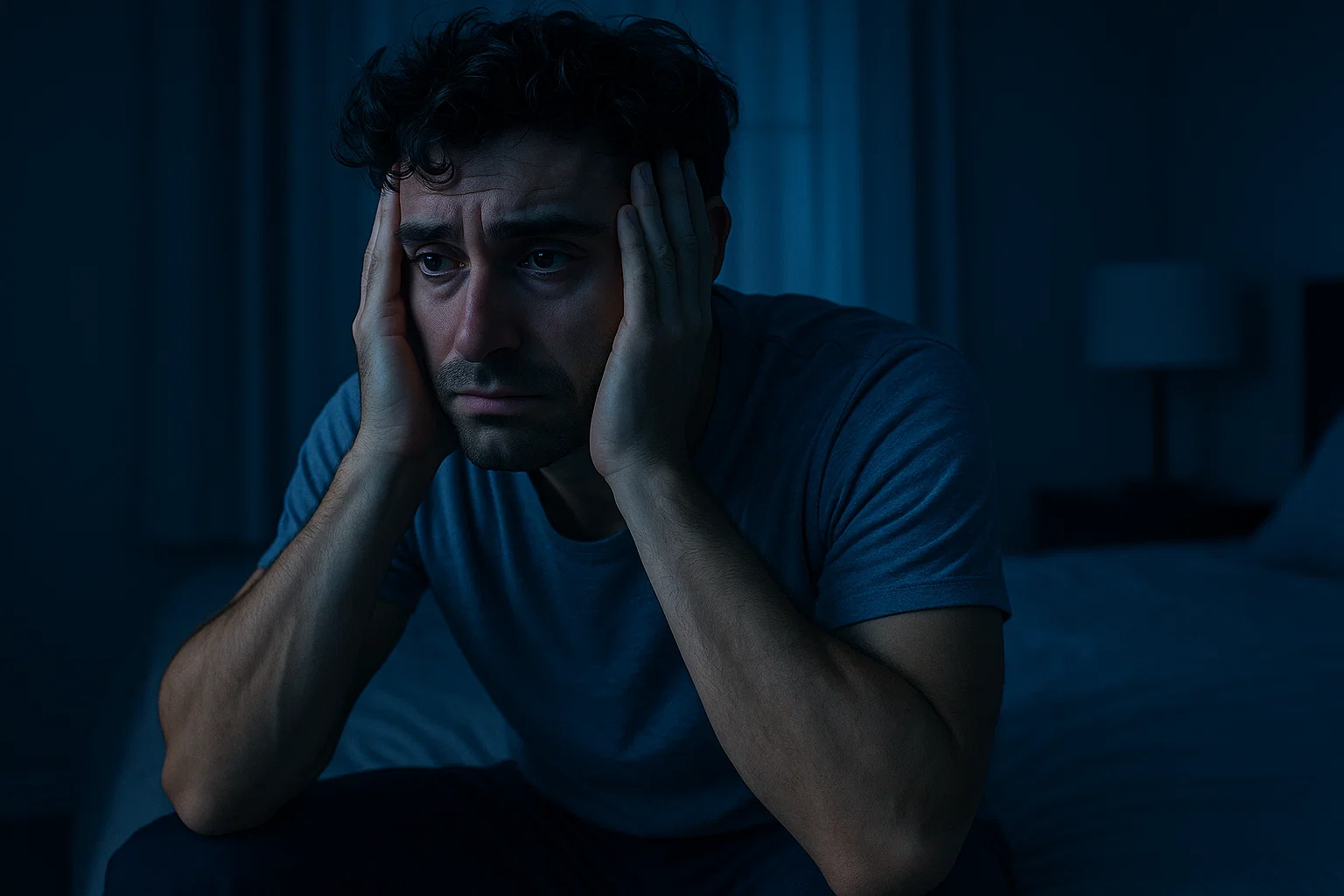 man in bedroom struggling with sleeplessness and distress at night