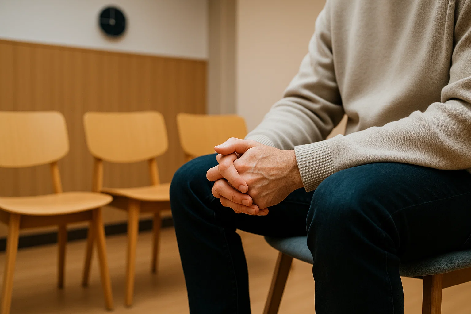 man’s hands clenched together, waiting patiently in a room