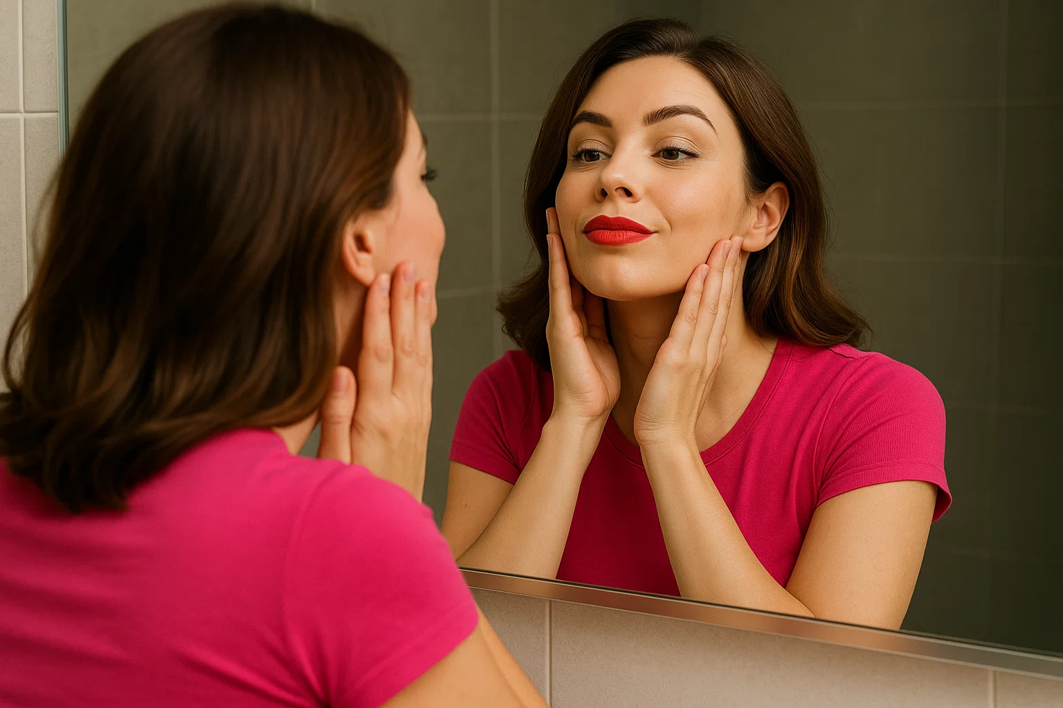 confident woman looking at her reflection in the mirror
