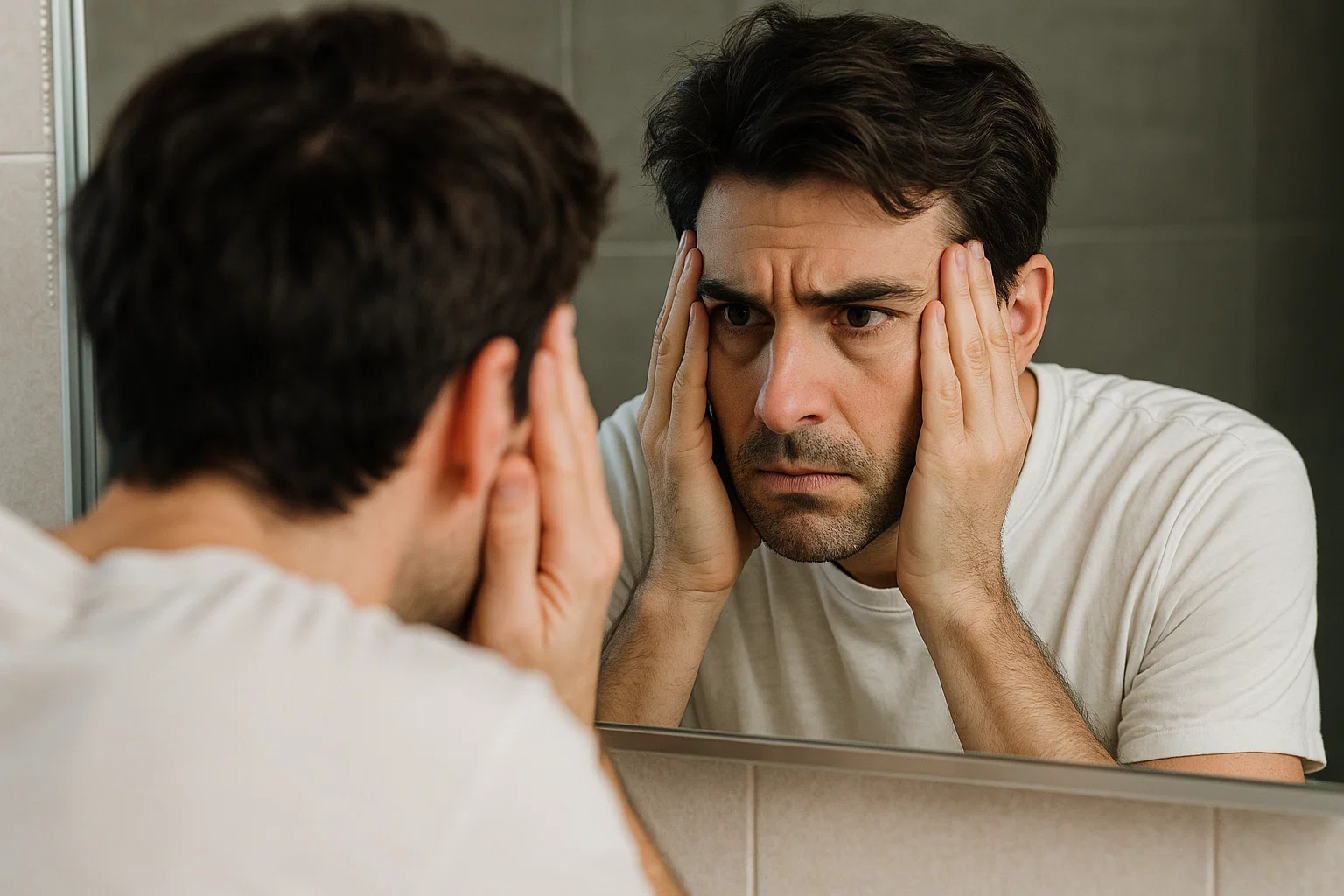 man frustrated, looking in the mirror, struggling with OCPD symptoms