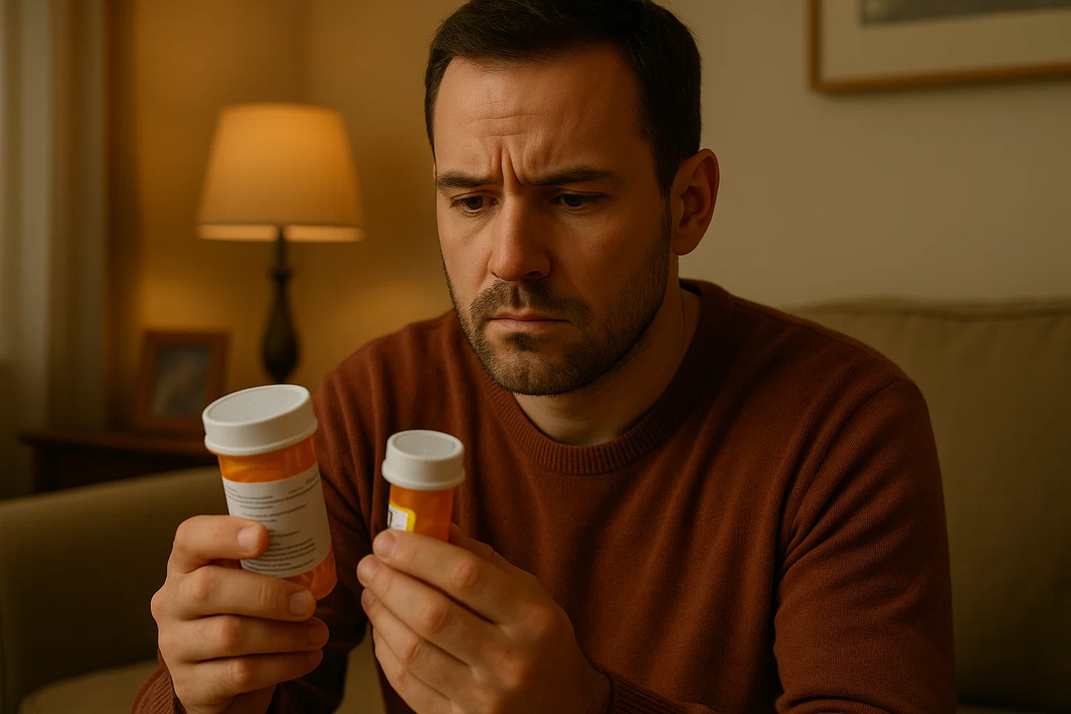 man closely examining prescription medication pills for accuracy and safety