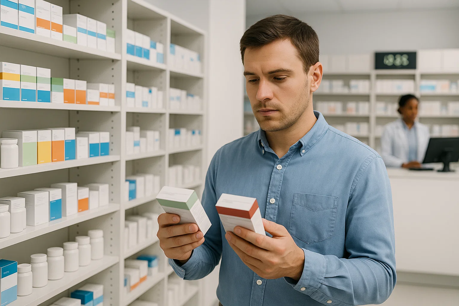 man in pharmacy comparing two medication packages
