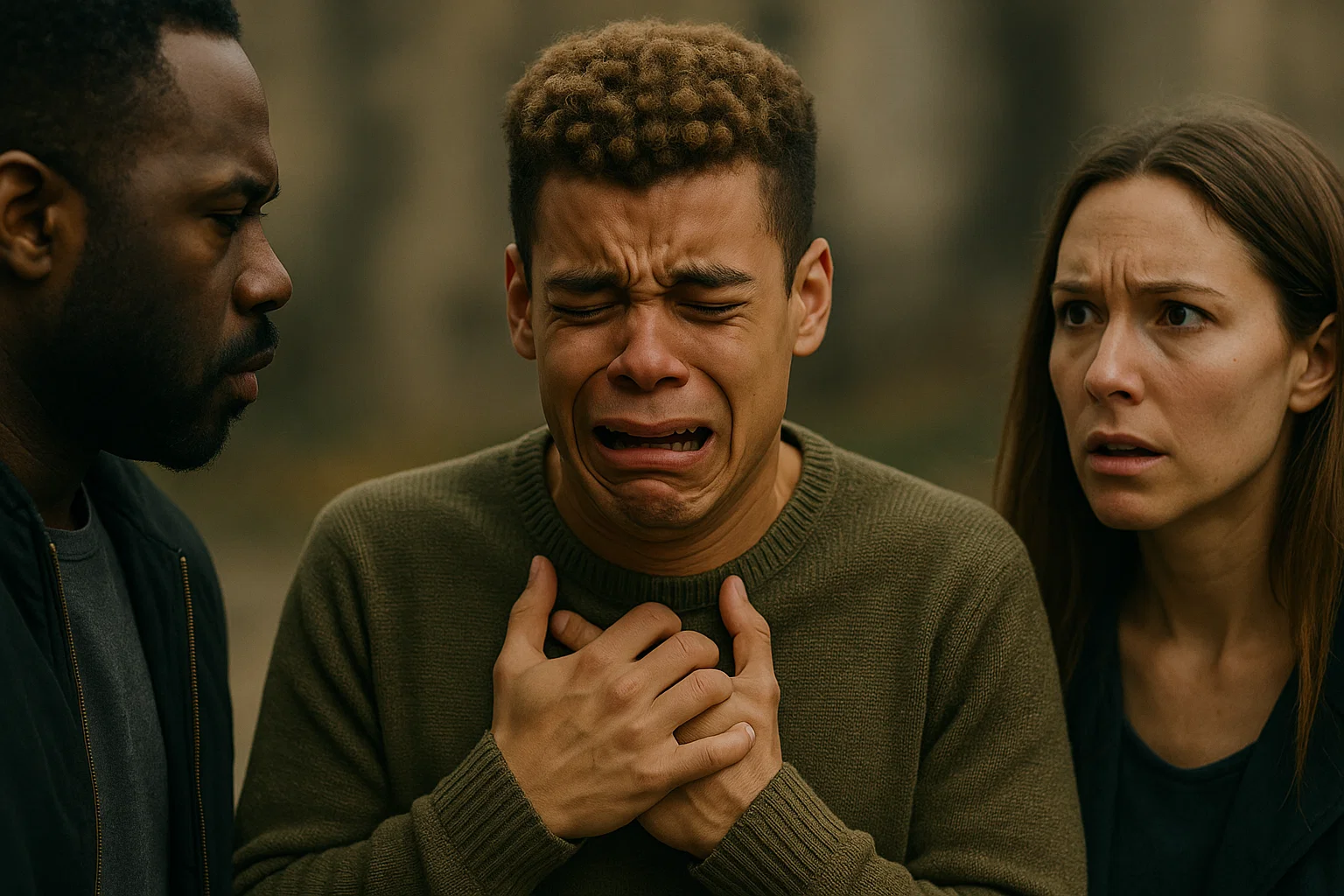 distressed man crying during a panic attack, with family members nearby showing empathy