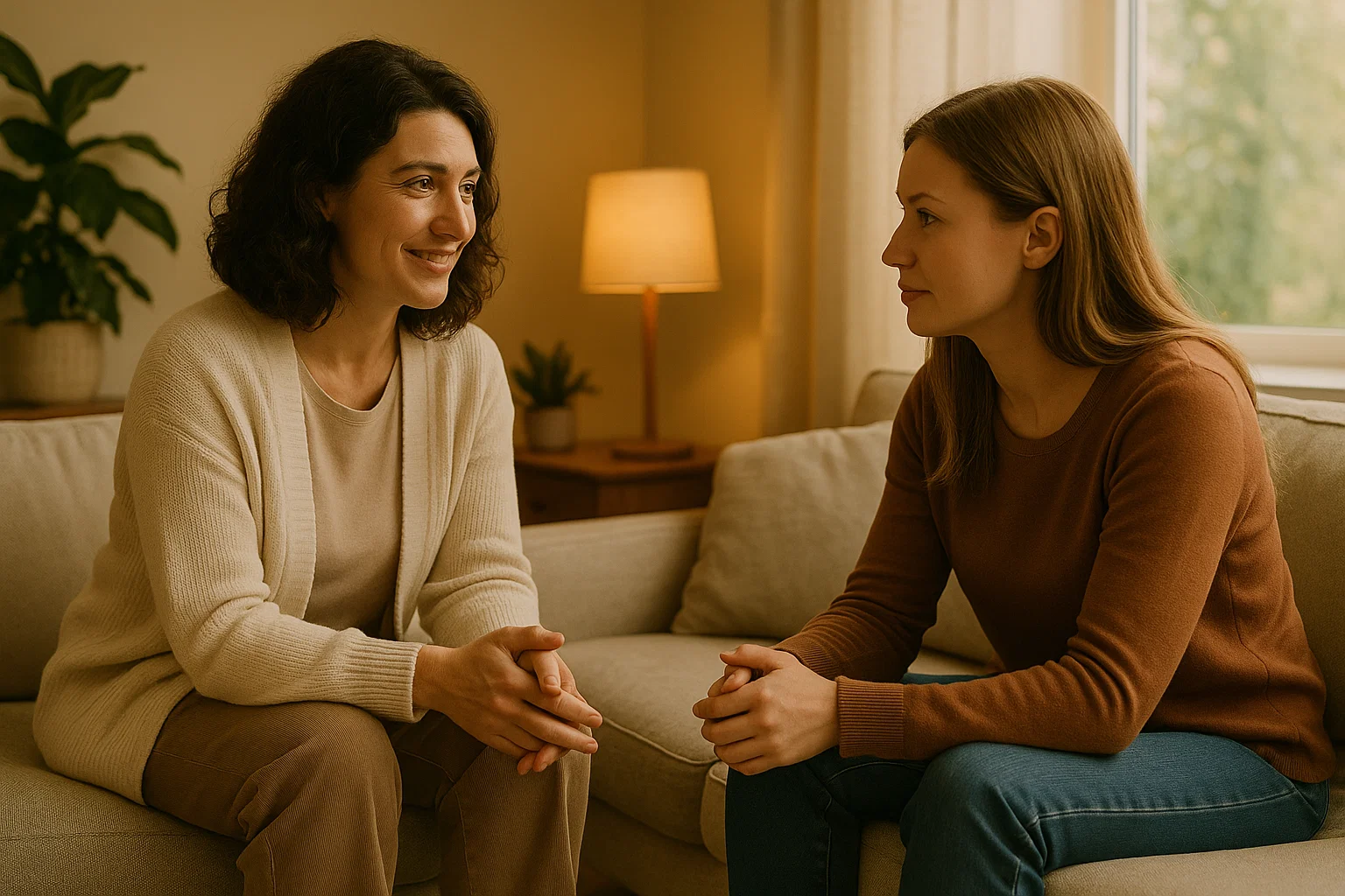 mother meets caring therapist at postpartum anxiety recovery center to discuss treatment and support