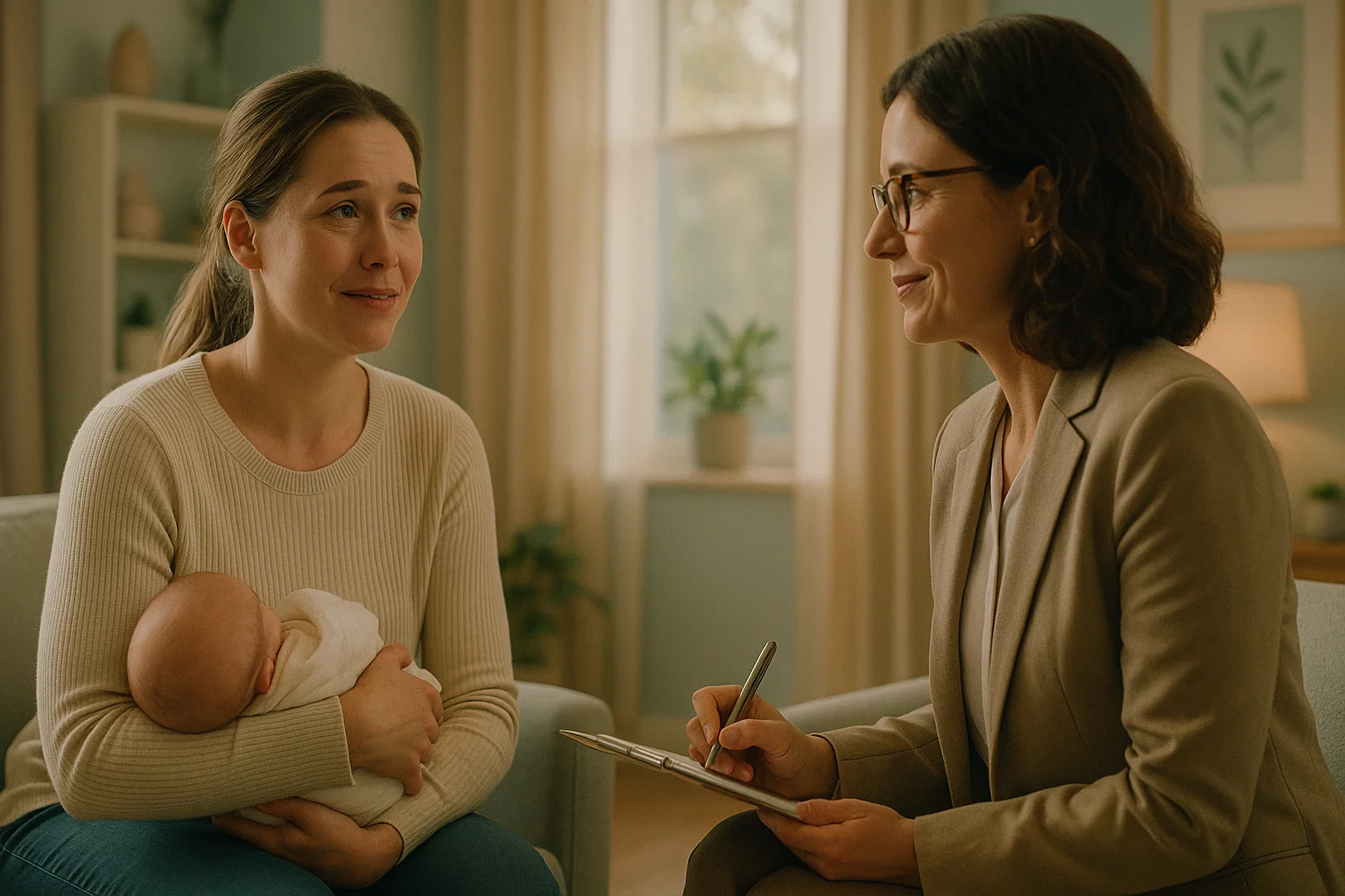 woman with baby in arms, engaged in a postpartum therapy conversation