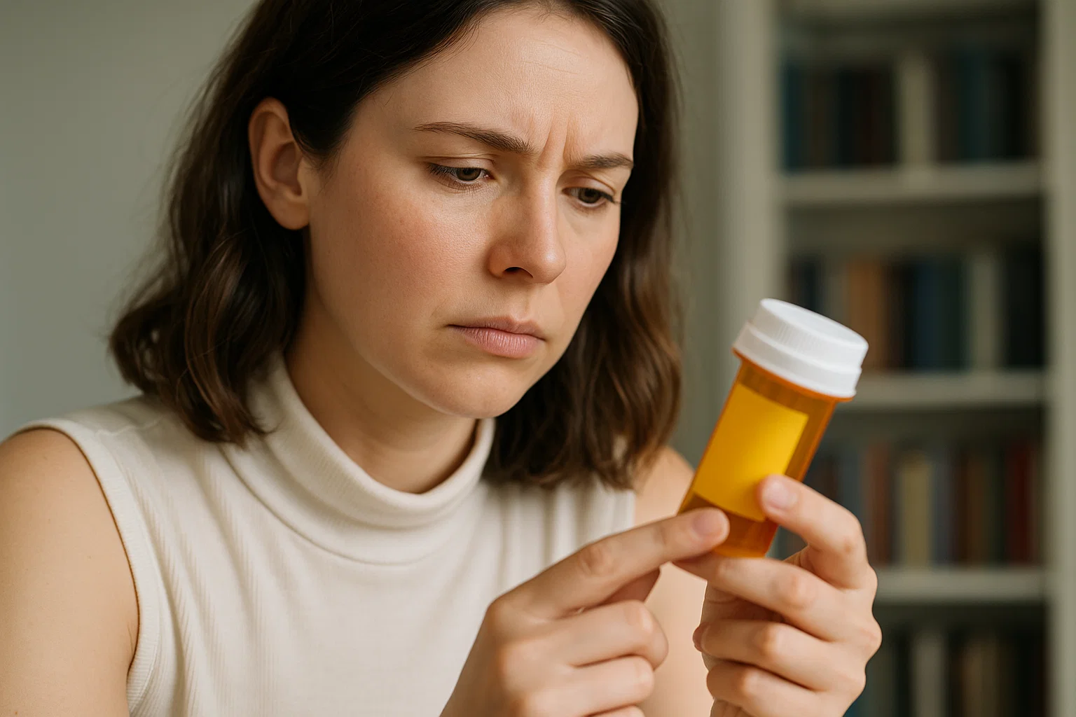 woman reading label of prescription pills