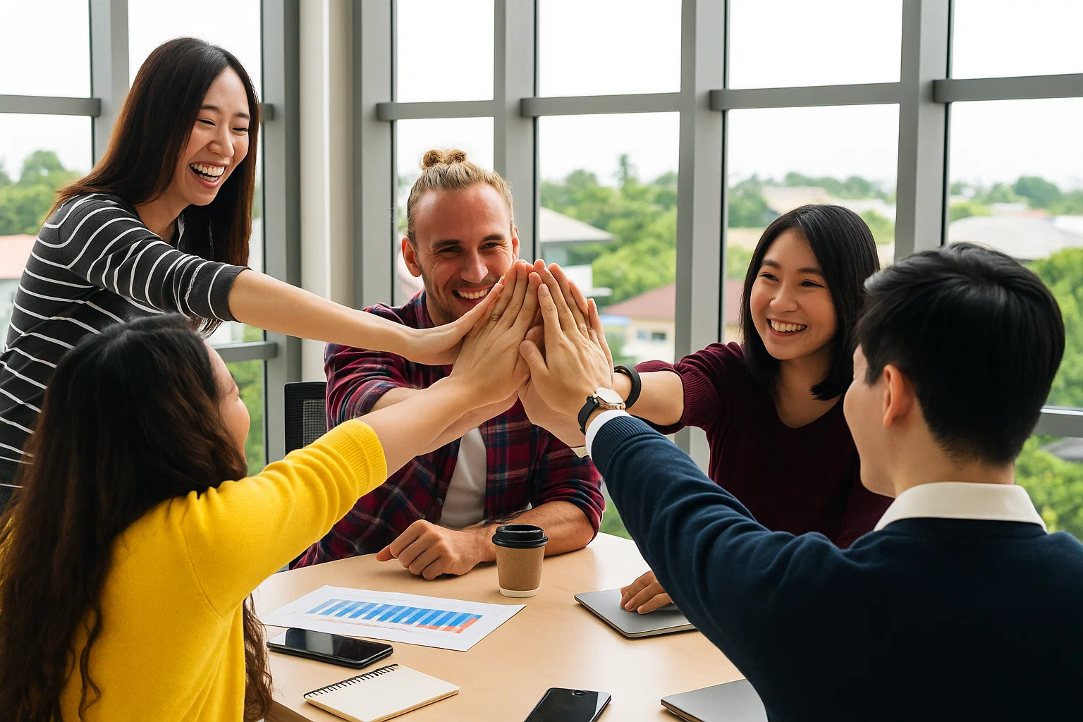 group of coworkers exchanging high fives to celebrate success together