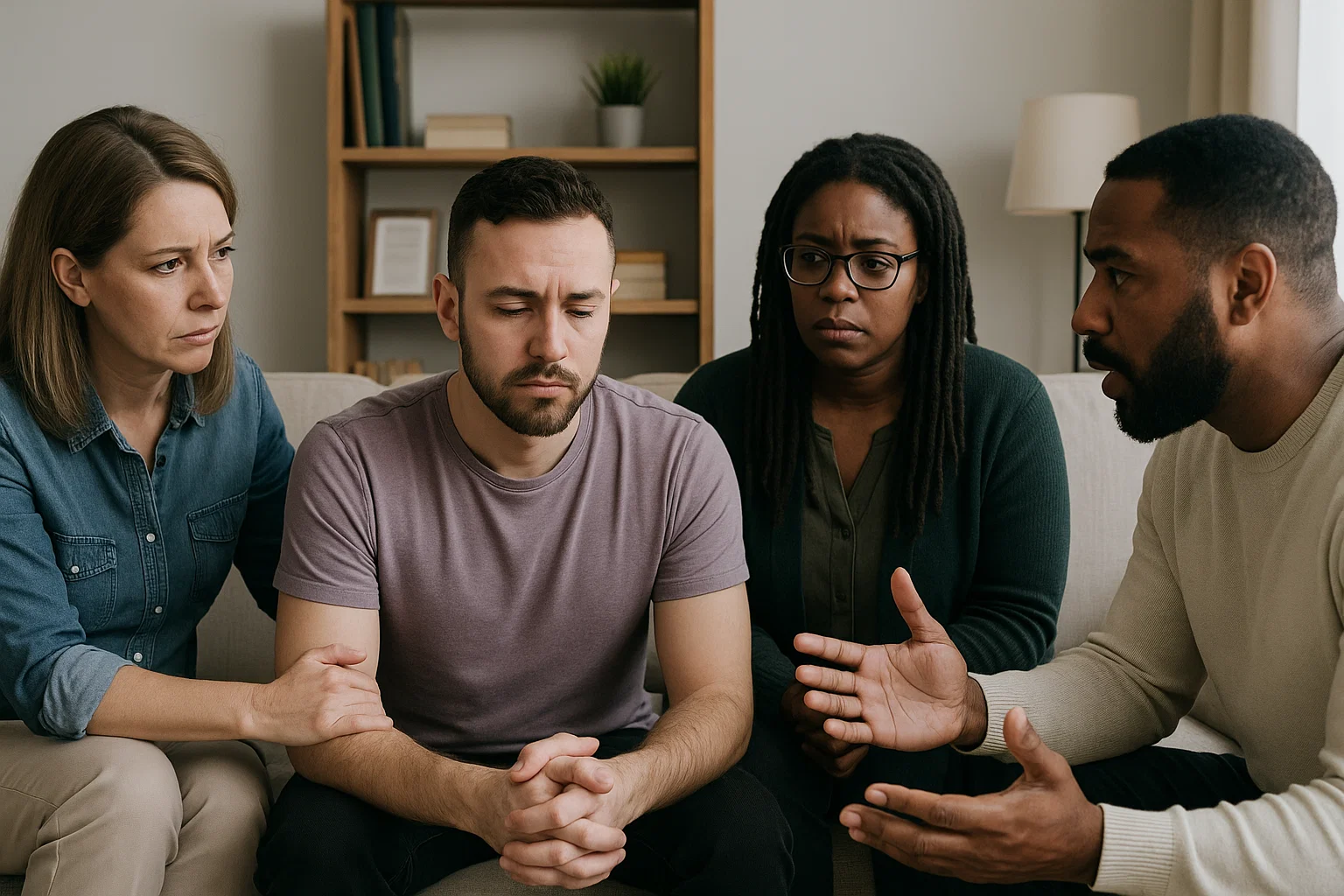 family gathered on couch discussing intervention for member entering rehab