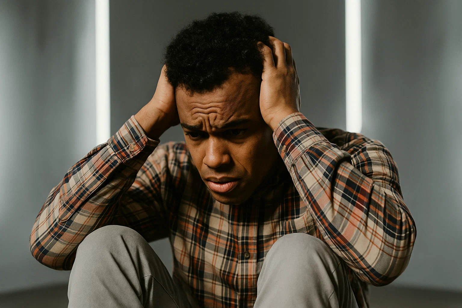 man holding his head, showing signs of distress and confusion