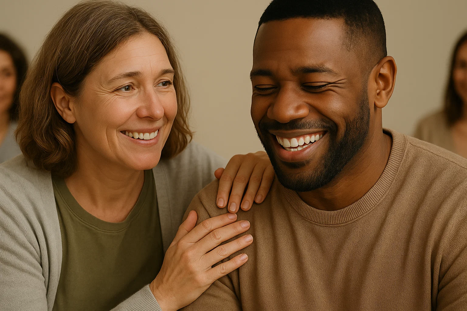 close-up of two individuals in a peer support group