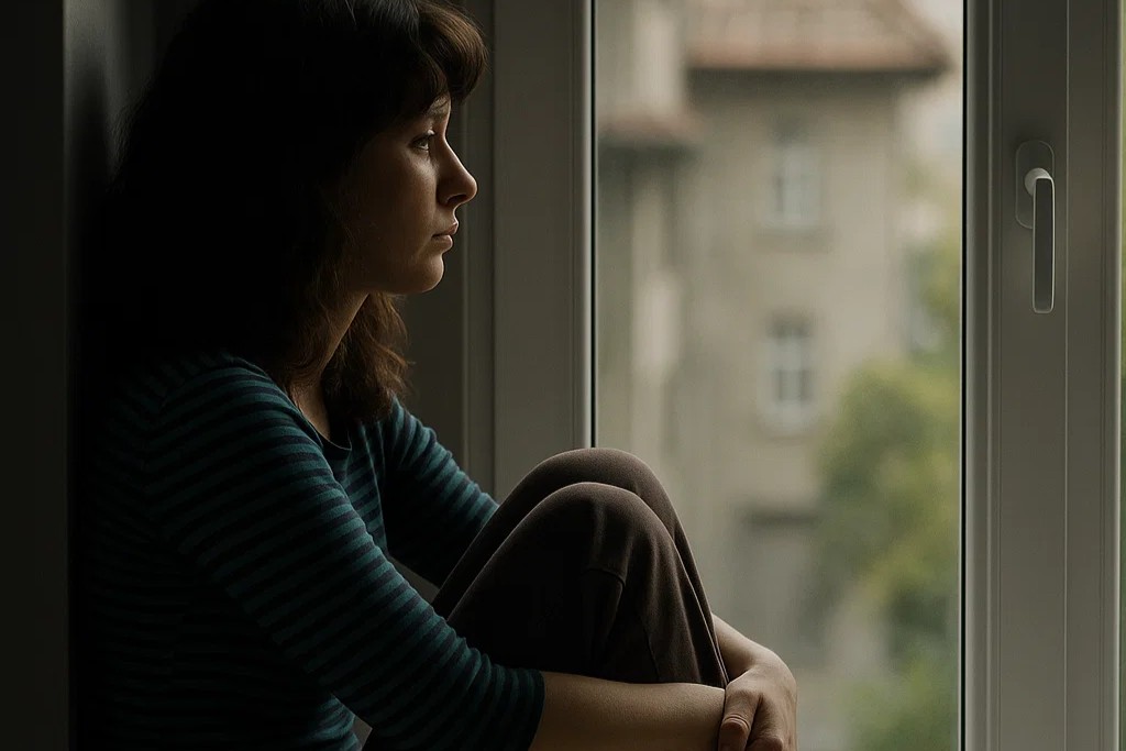 depressed woman seated near window in contemplative mood