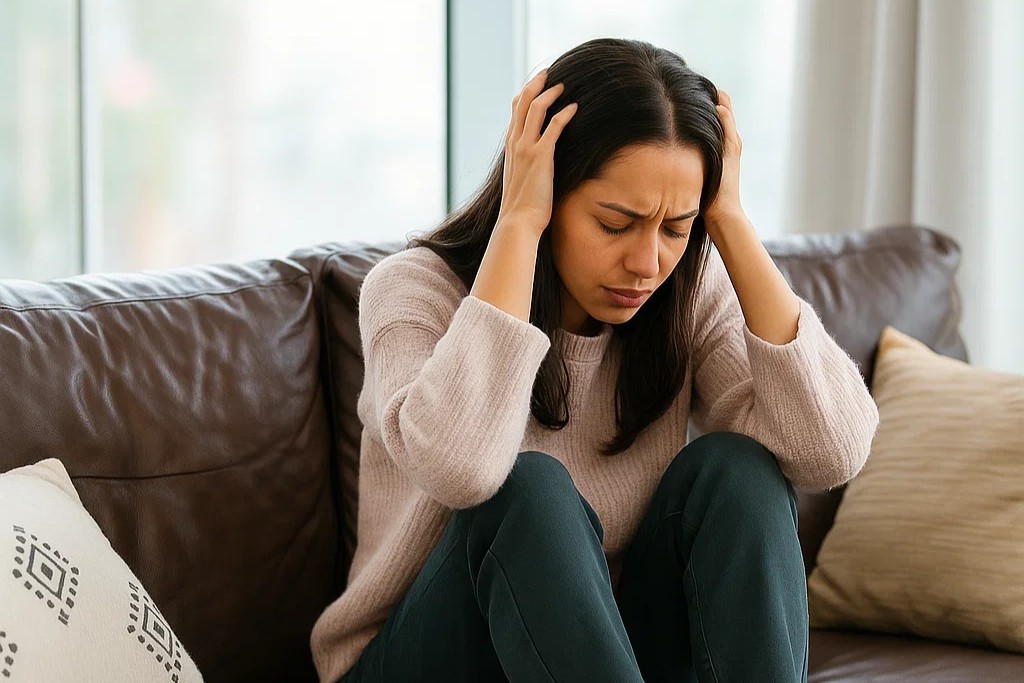 depressed woman sitting, hands covering ears, deep in thought