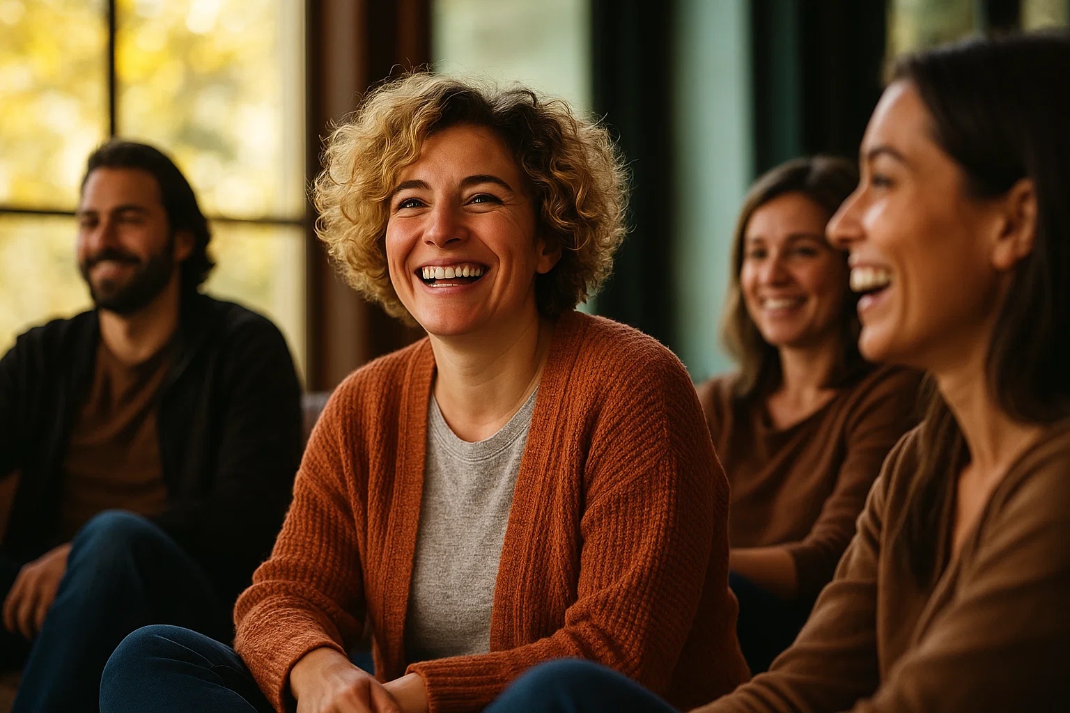 people in therapy for anxiety, both happy and engaged in productive conversation