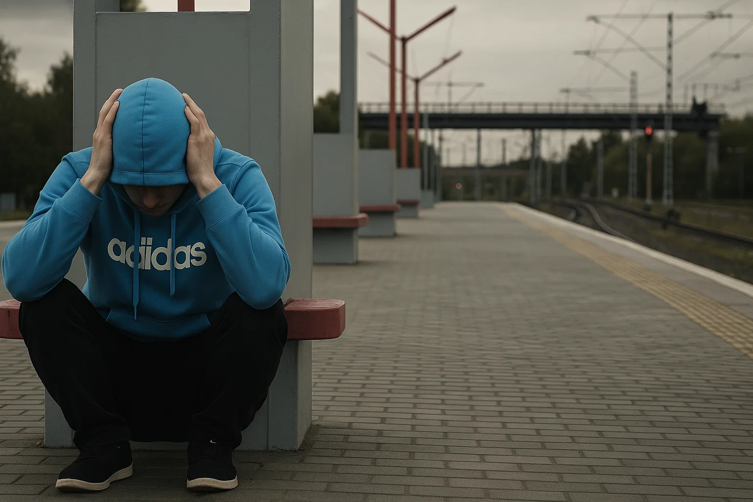 depressed man sitting alone at train platform, covering ears