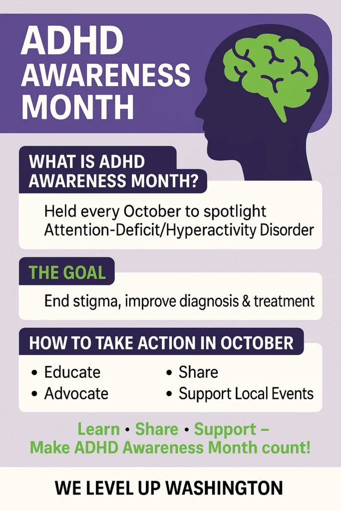 adhd awareness month infographic we level up washington spokane valley
