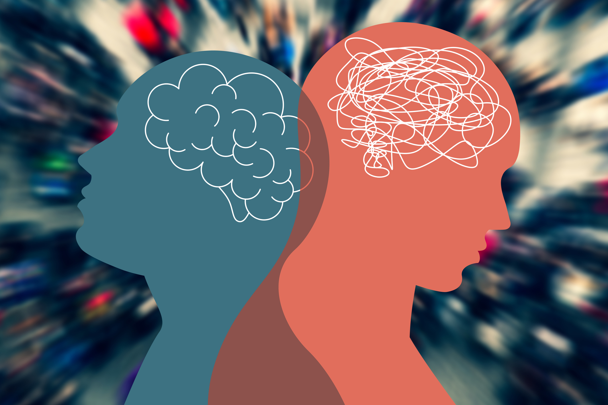Illustration of two human heads side by side, one representing a clear mind and the other showing tangled thoughts, symbolizing bipolar disorder vs depression in Spokane Valley, Washington.